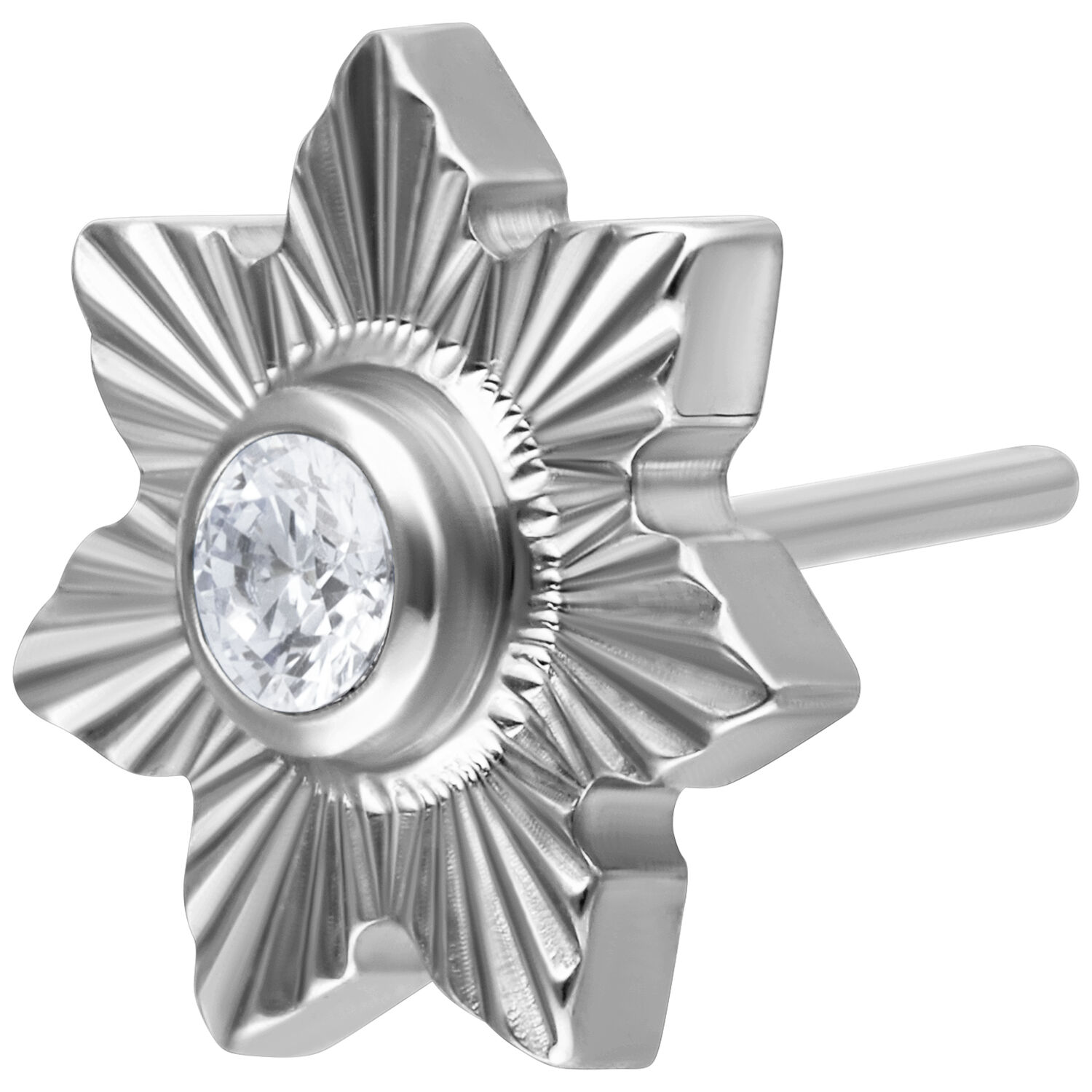 Silberner Push Fit Aufsatz mit kristallklarem Stein auf weißem Hintergrund