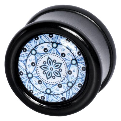 Türkisfarbener Flower Plug mit Mandala-Muster, 14mm, auf weißem Hintergrund