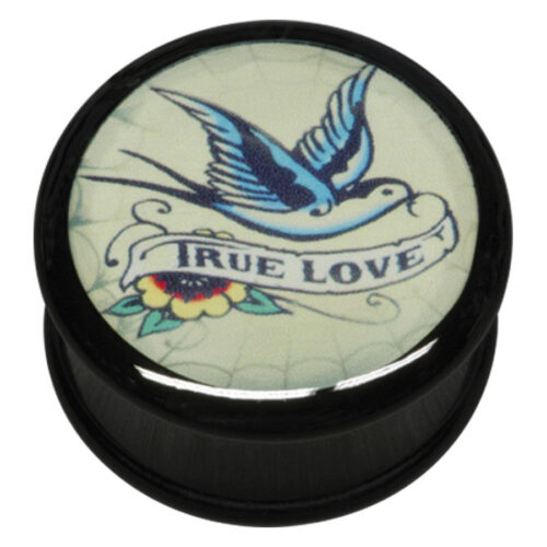 Schwarzer PMMA Plug mit Schwalbenmotiv und True Love Schriftzug
