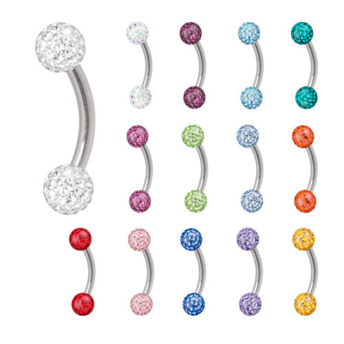 Verschiedene Titan Micro Bananabells mit bunten Kristallkugeln auf weißem Hintergrund