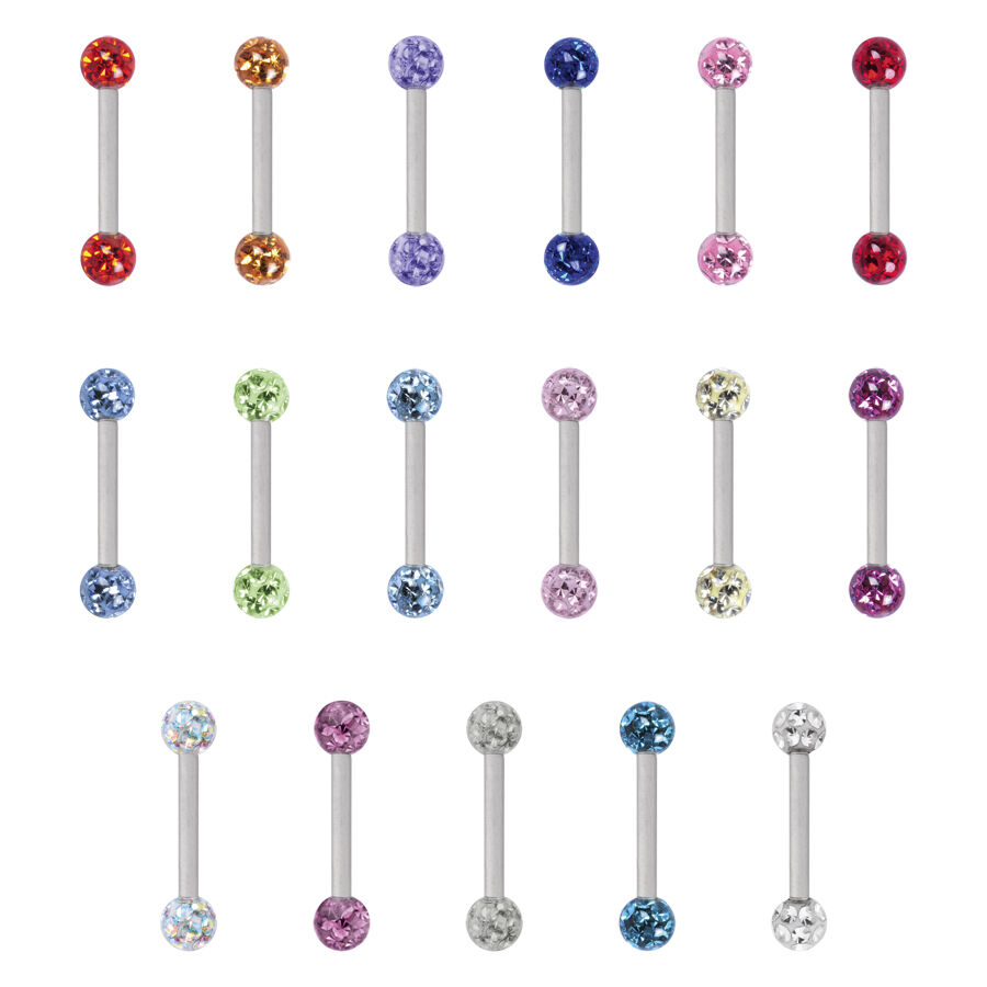 Verschiedene farbige Piercing Stäbe mit Kristallen auf weißem Hintergrund