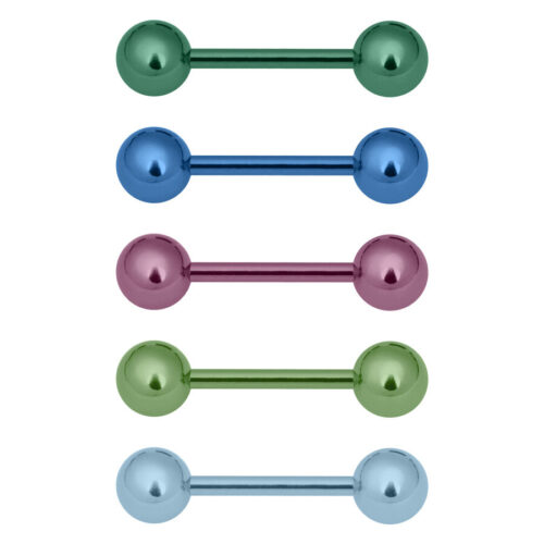 Fünf Titan Barbells in Hellgrün, Dunkelblau, Violett, Dunkelgrün und Hellblau auf weißem Hintergrund