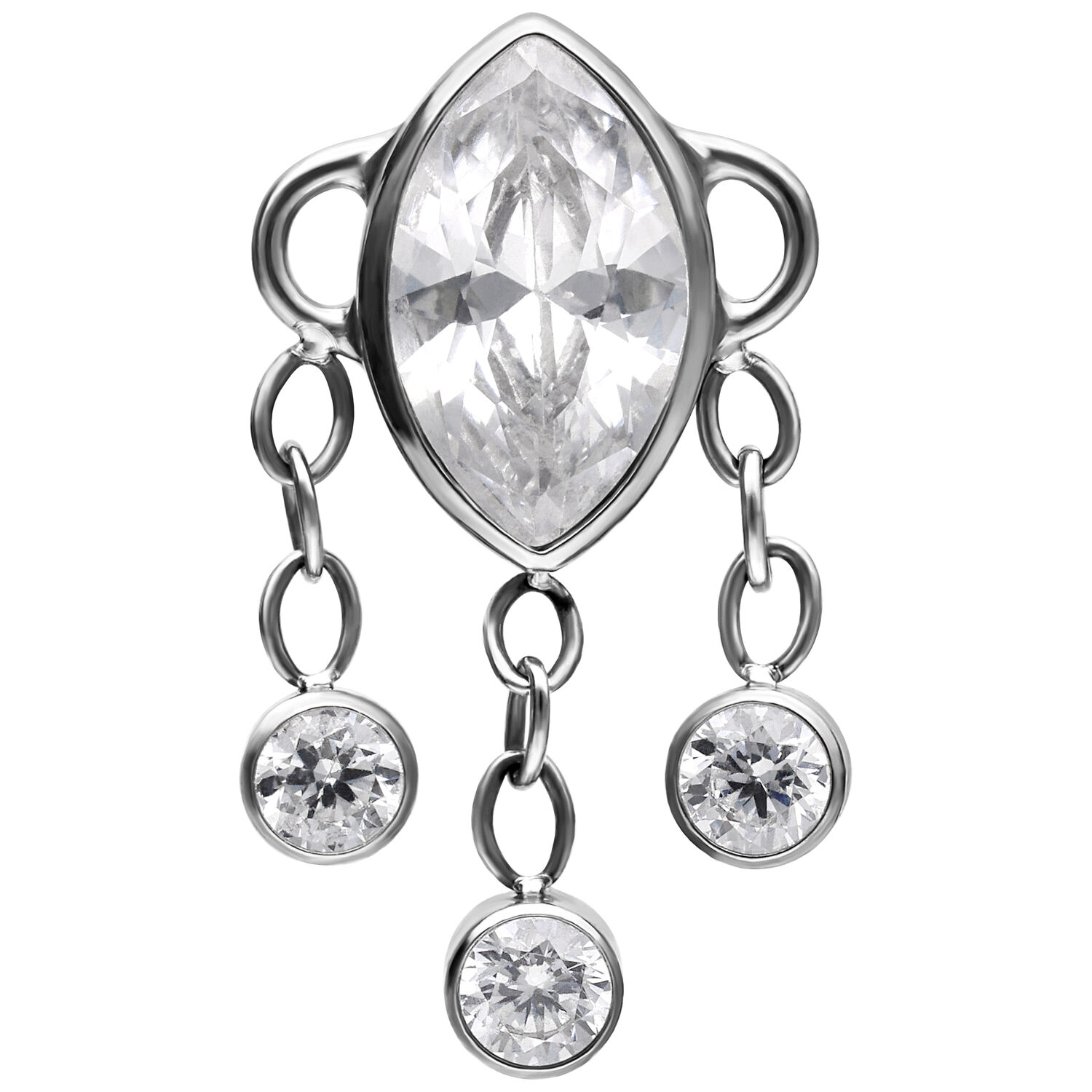 Silberner Push Fit Aufsatz mit drei hängenden Kristallen auf weißem Hintergrund