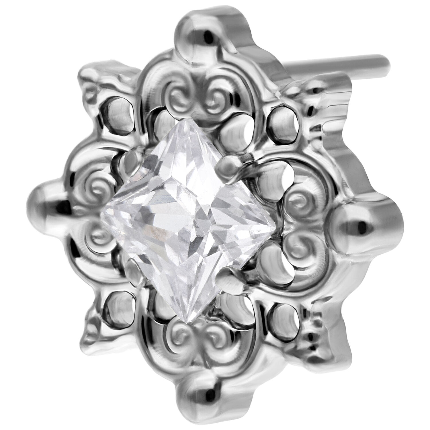 Silberner Push Fit Aufsatz mit klarem Kristall auf weißem Hintergrund