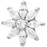 Silberner Eisblumen Kristallaufsatz mit klaren Kristallen auf weißem Hintergrund