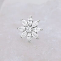 Silberner Push Fit Aufsatz mit kristallklaren Blüten auf weißem Hintergrund