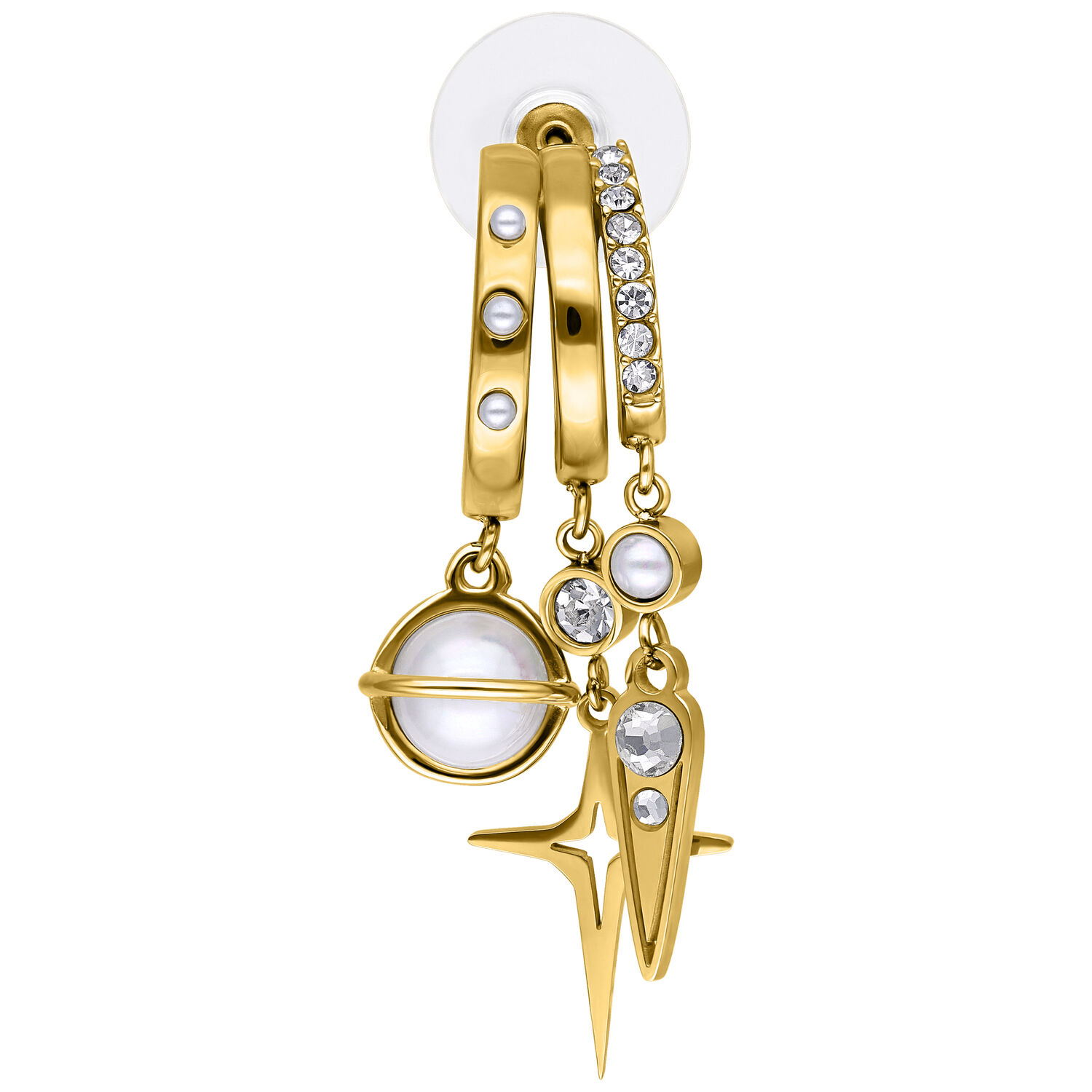 Goldene Ohrstecker mit Perlen und funkelnden Kristallen auf weißem Hintergrund