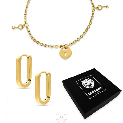 Little Key Lock Bracelet with Hoops Set - Golden Metal