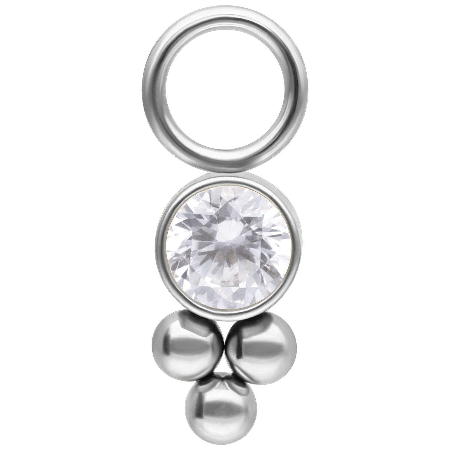 Silberner Piercing-Anhänger mit rundem Kristall und Kugeln auf weißem Hintergrund