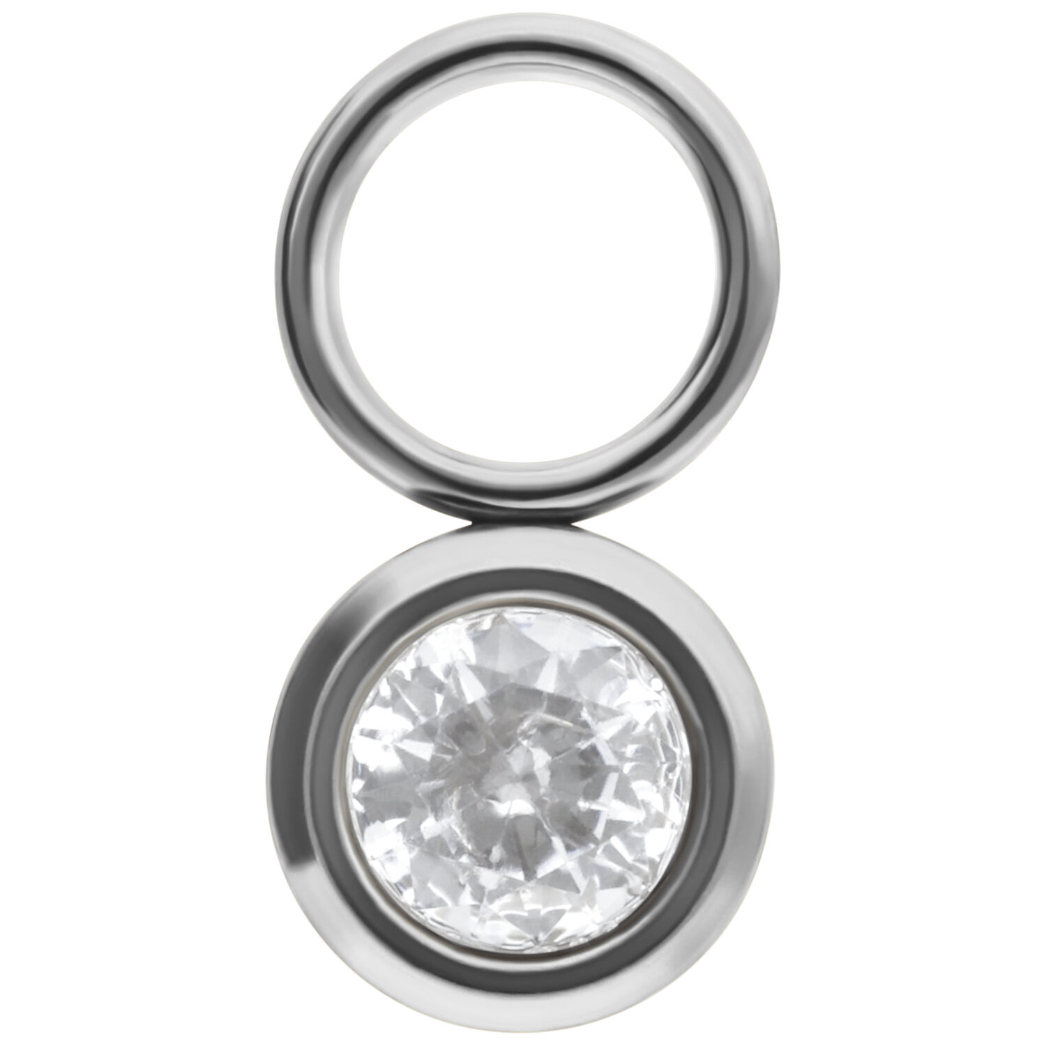 Runder Kristall-Anhänger aus Chirurgenstahl Silberner runder Kristall-Anhänger aus Chirurgenstahl auf weißem Hintergrund