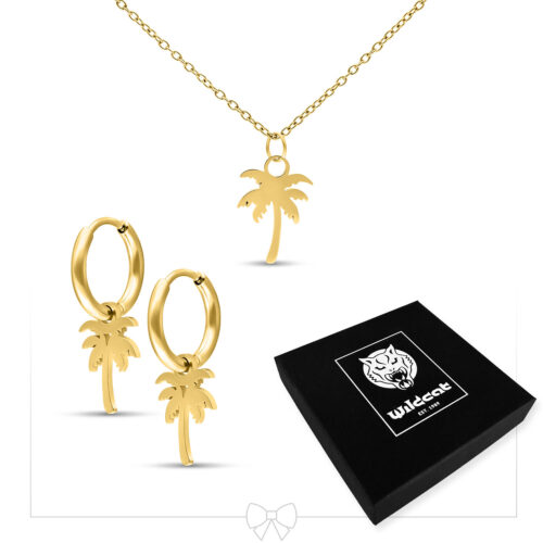 Palm Necklace with Hoops Set - Golden Metal