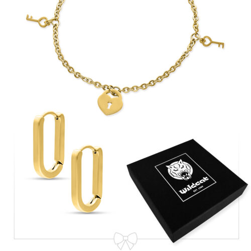 Little Key Lock Bracelet with Hoops Set - Golden Metal